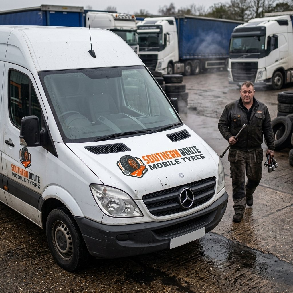 Van parked at lorry park with mechanic - Mobile Truck Tyre Fitting in Southampton