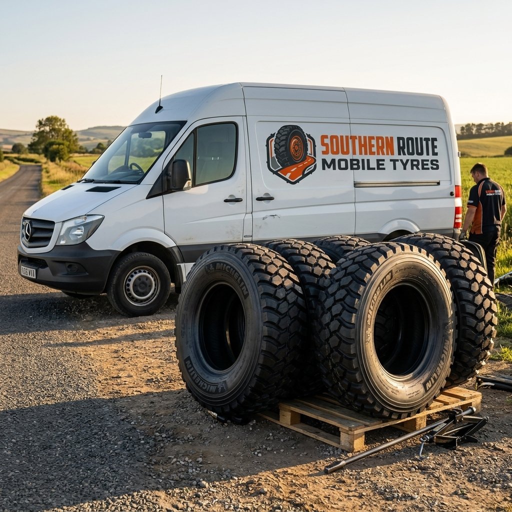 Stack of heavy duty truck tyres next to van - Mobile Truck Tyre Fitting in Southampton